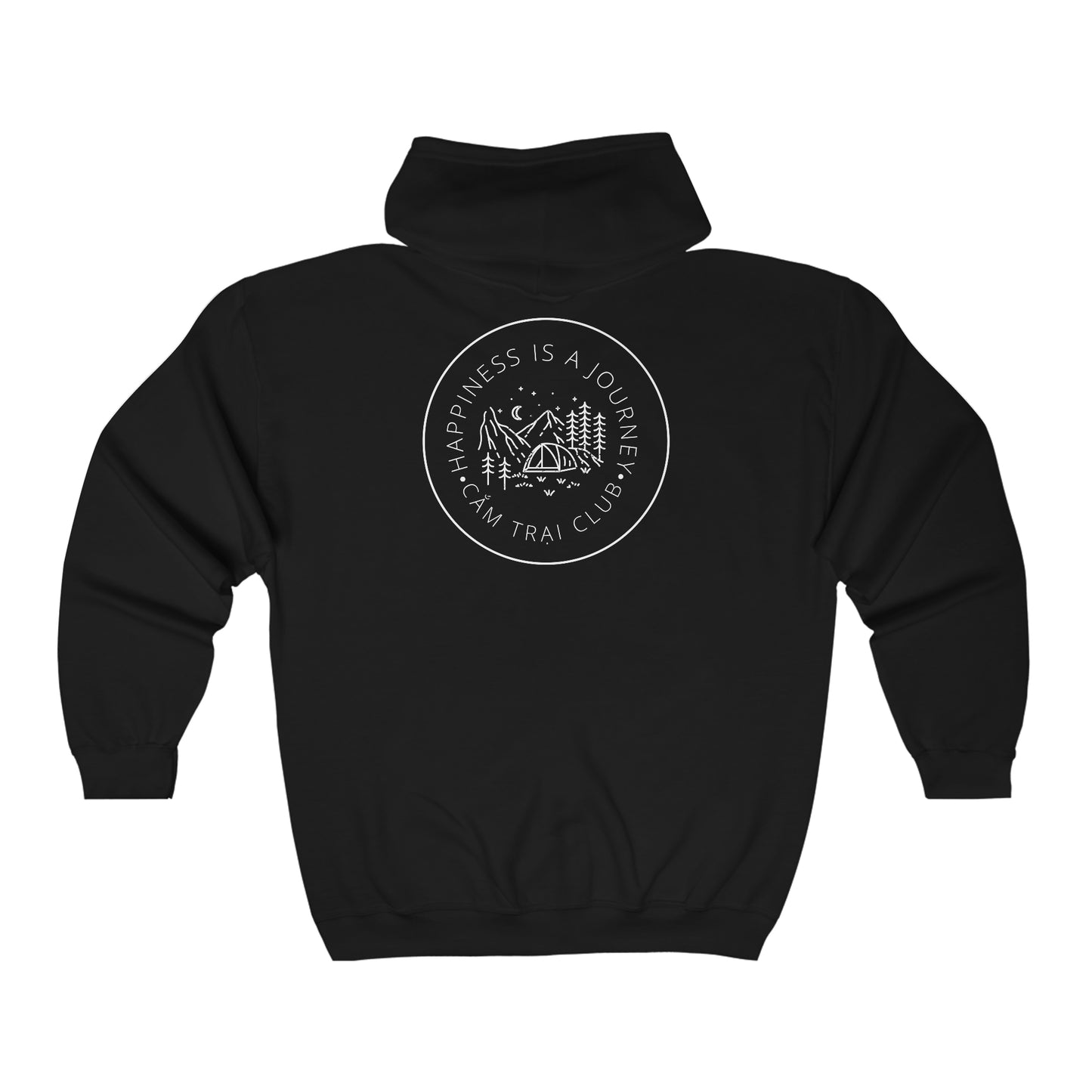 Black hoodie. Back design with a campsite in the woods within a circle. Surrounding the picture within the circle is the phrase Happiness is a journey. Cam Trai Club. Back view.