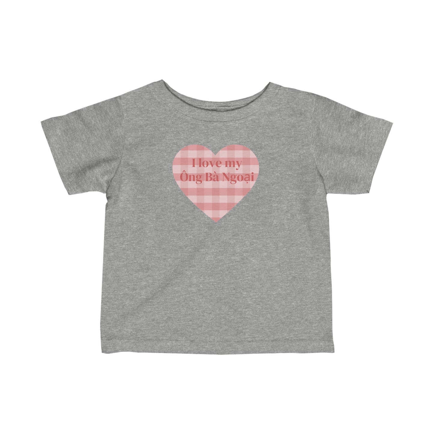 Gray infant t-shirt with pink plaid heat with the words I Love My Ong Ba Ngoai in the heart. Front view.