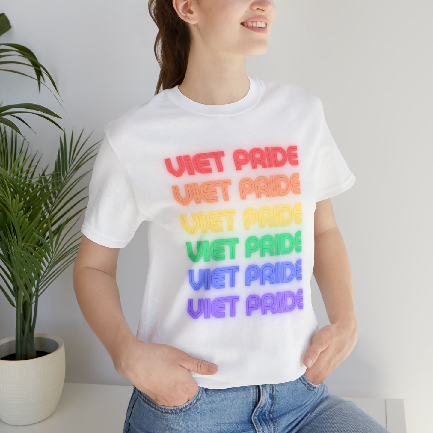 Viet Pride LGTBQ+ Unisex Short Sleeve T-Shirt with Cascading Rainbow Letting