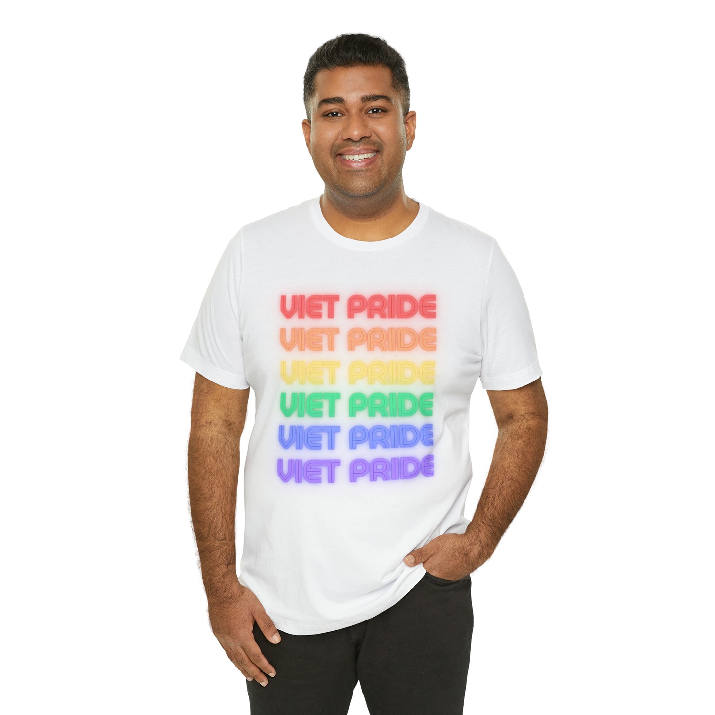 Viet Pride LGTBQ+ Unisex Short Sleeve T-Shirt with Cascading Rainbow Letting