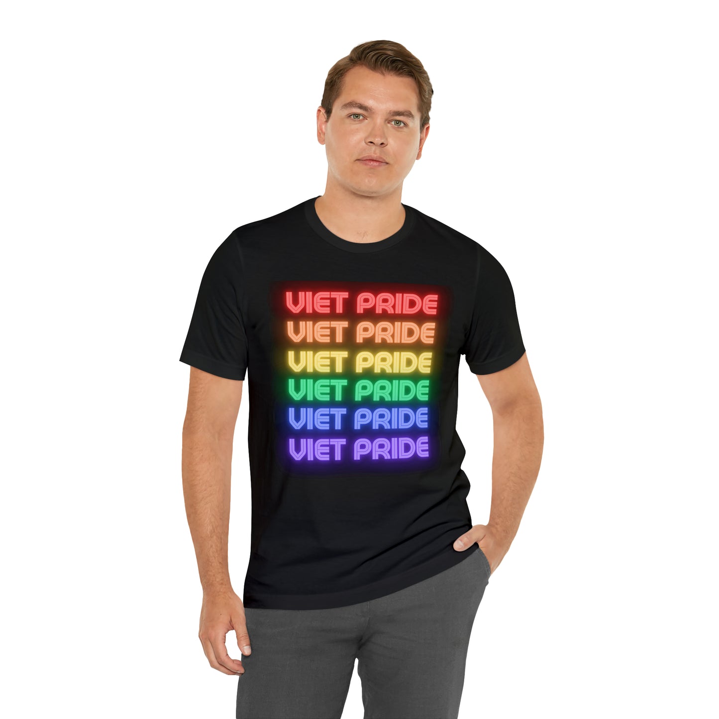 Viet Pride LGTBQ+ Unisex Short Sleeve T-Shirt with Cascading Rainbow Letting