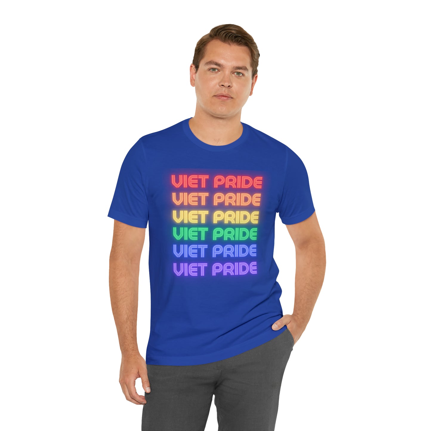 Viet Pride LGTBQ+ Unisex Short Sleeve T-Shirt with Cascading Rainbow Letting