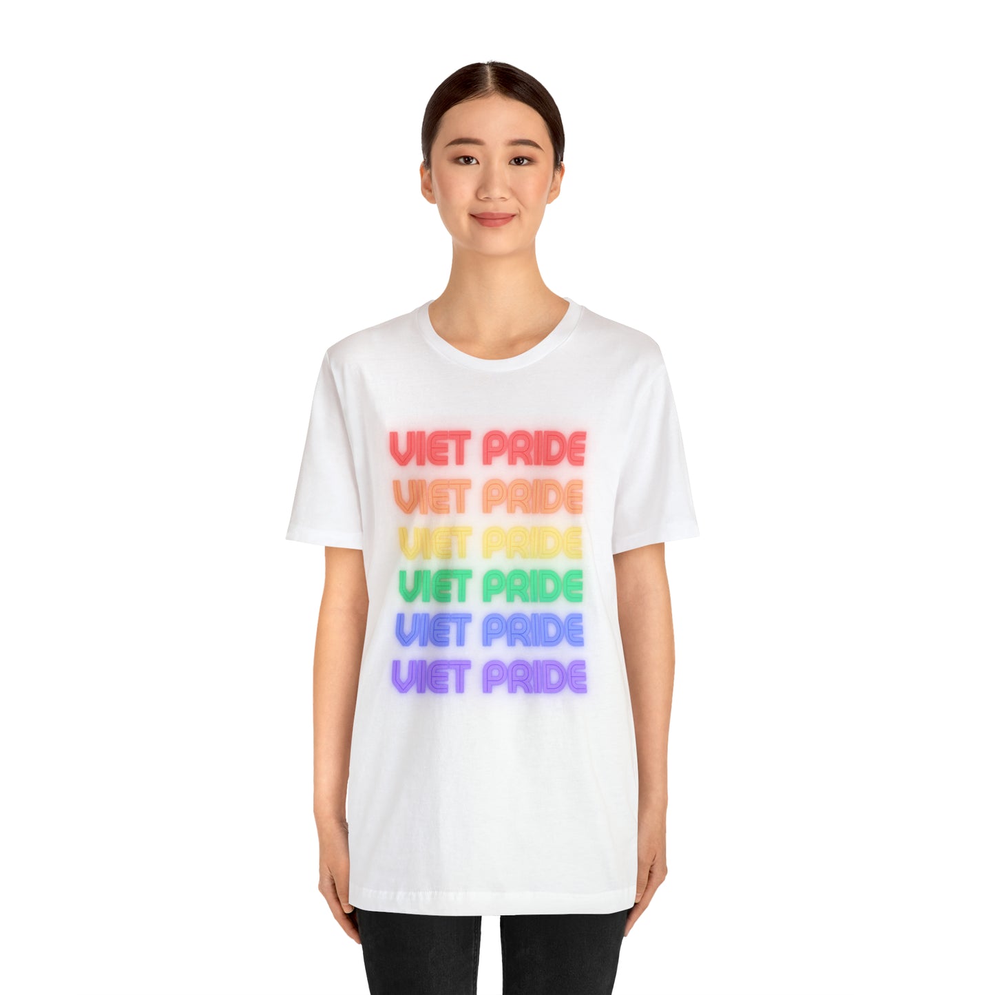 Viet Pride LGTBQ+ Unisex Short Sleeve T-Shirt with Cascading Rainbow Letting