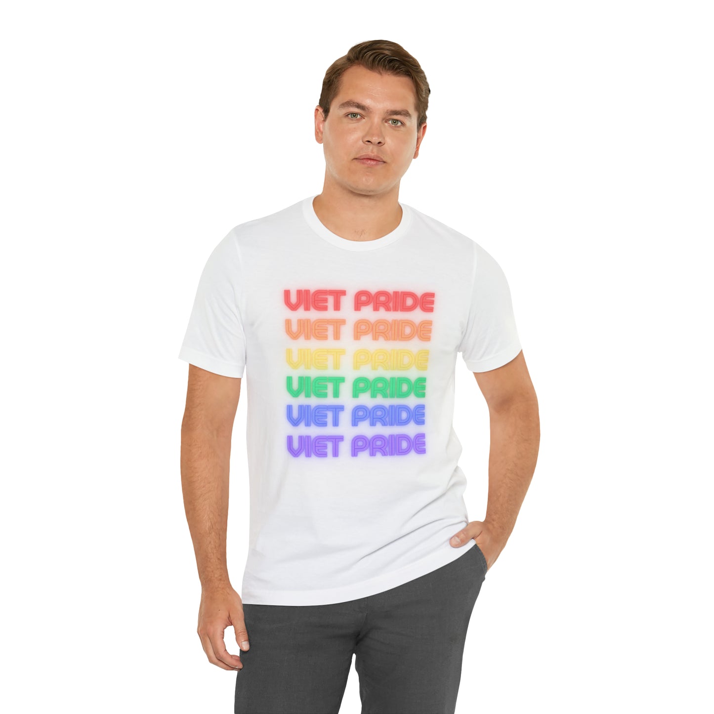 Viet Pride LGTBQ+ Unisex Short Sleeve T-Shirt with Cascading Rainbow Letting