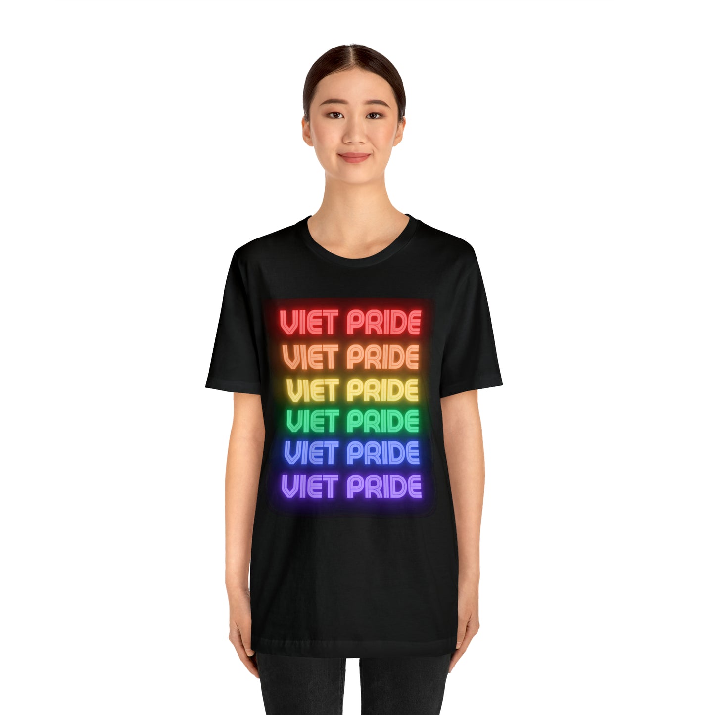 Viet Pride LGTBQ+ Unisex Short Sleeve T-Shirt with Cascading Rainbow Letting