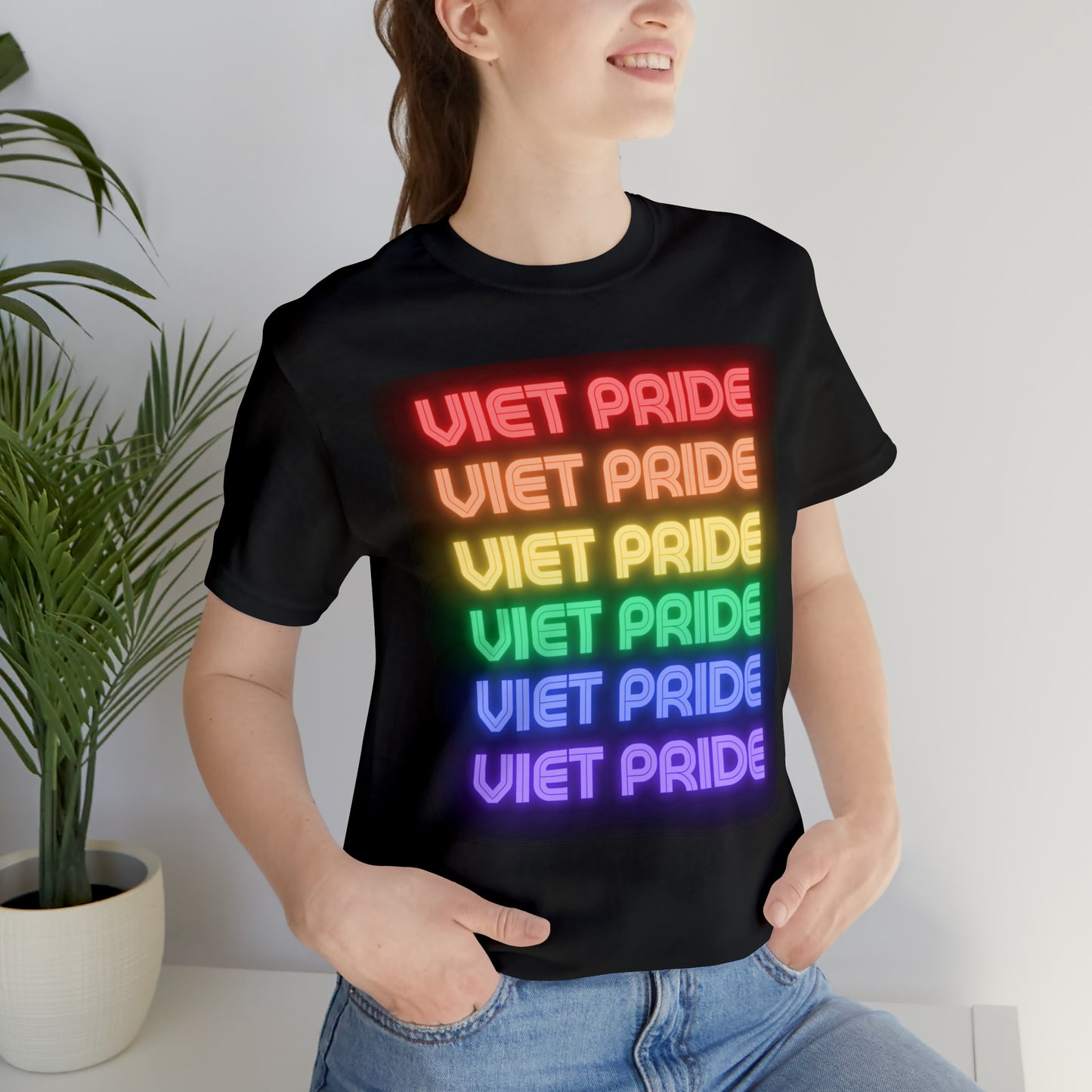 Viet Pride LGTBQ+ Unisex Short Sleeve T-Shirt with Cascading Rainbow Letting