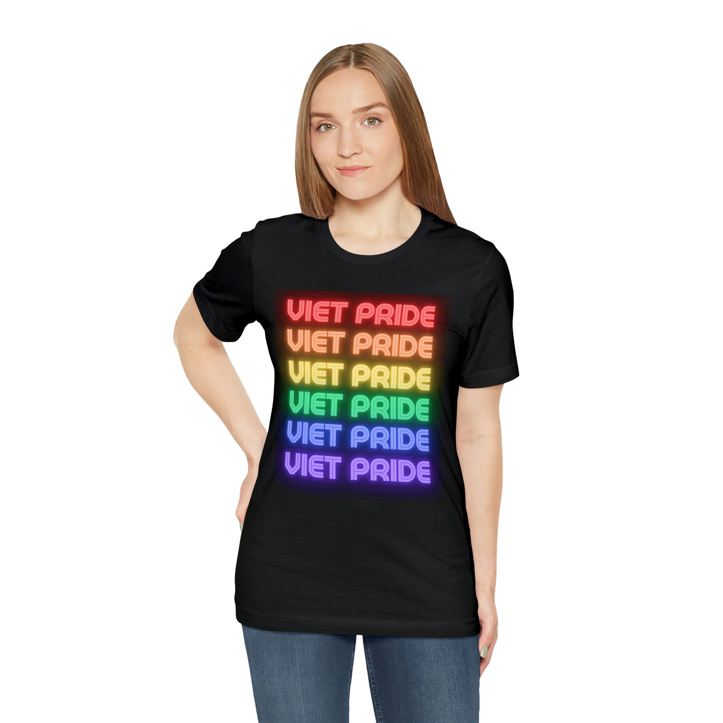 Viet Pride LGTBQ+ Unisex Short Sleeve T-Shirt with Cascading Rainbow Letting