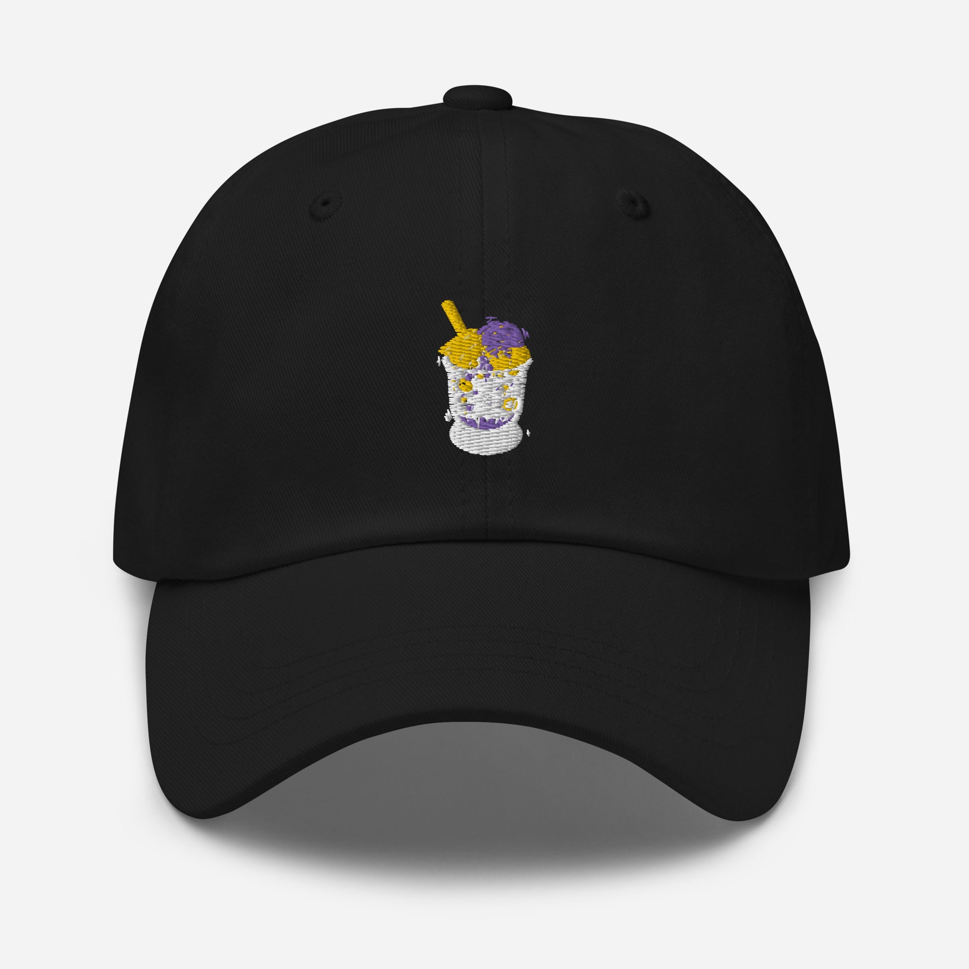 Black hat with a picture of Filipino dessert halo halo in the middle. Front view