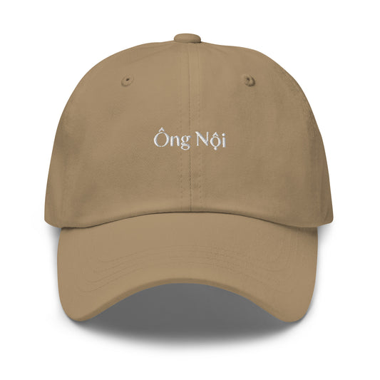 Khaki dad hat with words Ong Noi in white stitching in the middle of the front of the hat. Front View