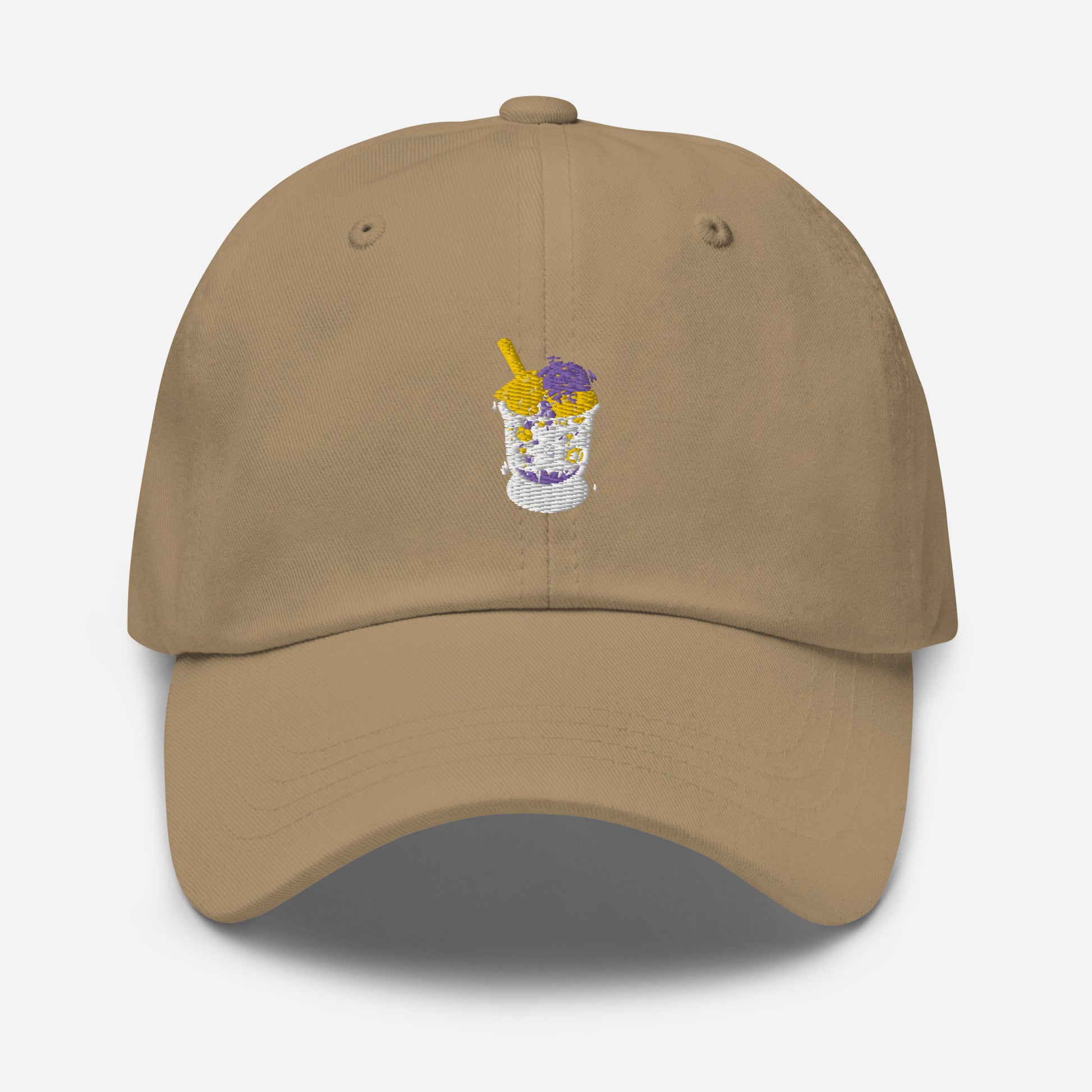 Brown hat with a picture of Filipino dessert halo halo in the middle. Front view