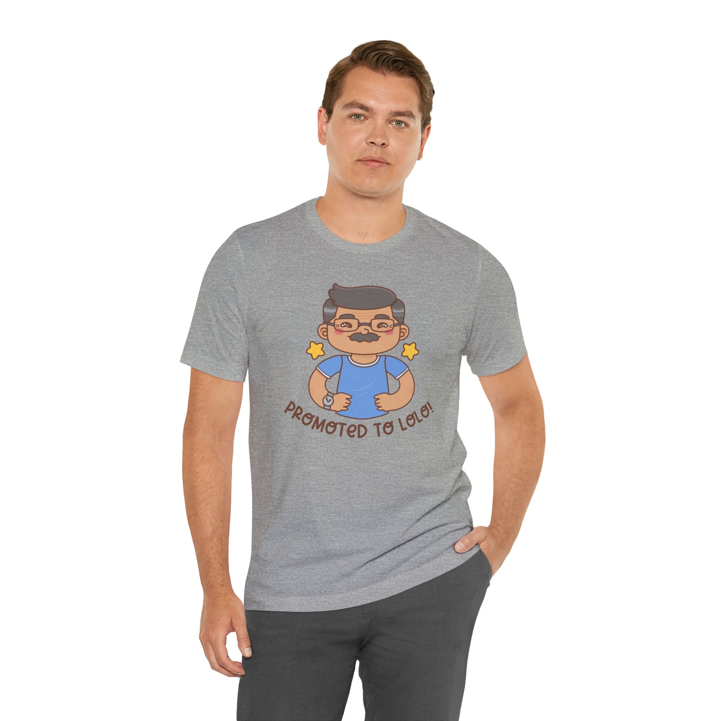 Gray t-shirt with kawaii grandfather-looking man wearing glasses and a blue shirt with the words Promoted to Lolo! under the picture.