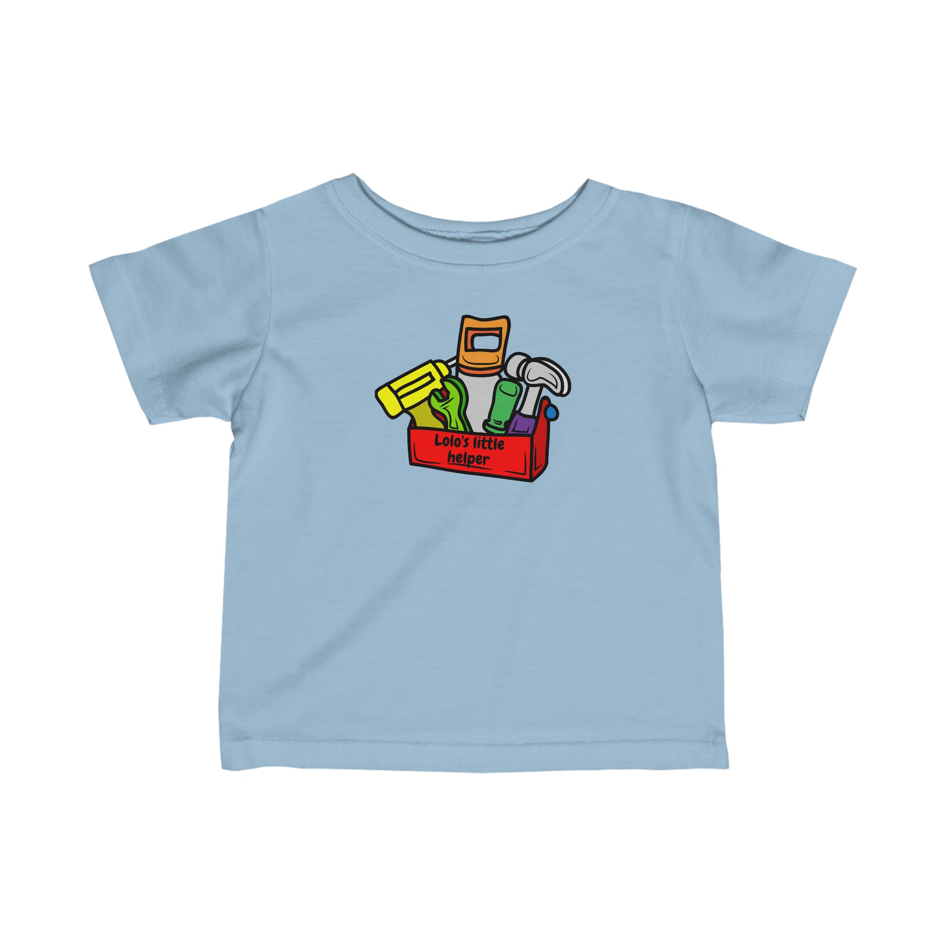 Light blue infant t-shirt with various tools in a red toolbox that has the words Lolo's Little Helper in black lettering on the side of the toolbox. Front view