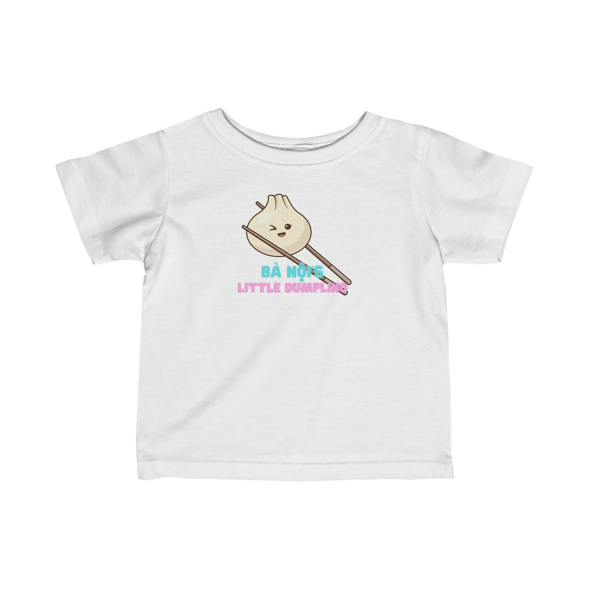 Child's shirt with animated dumpling between chopsticks with caption of Ba Noi's Little Dumpling, Front View