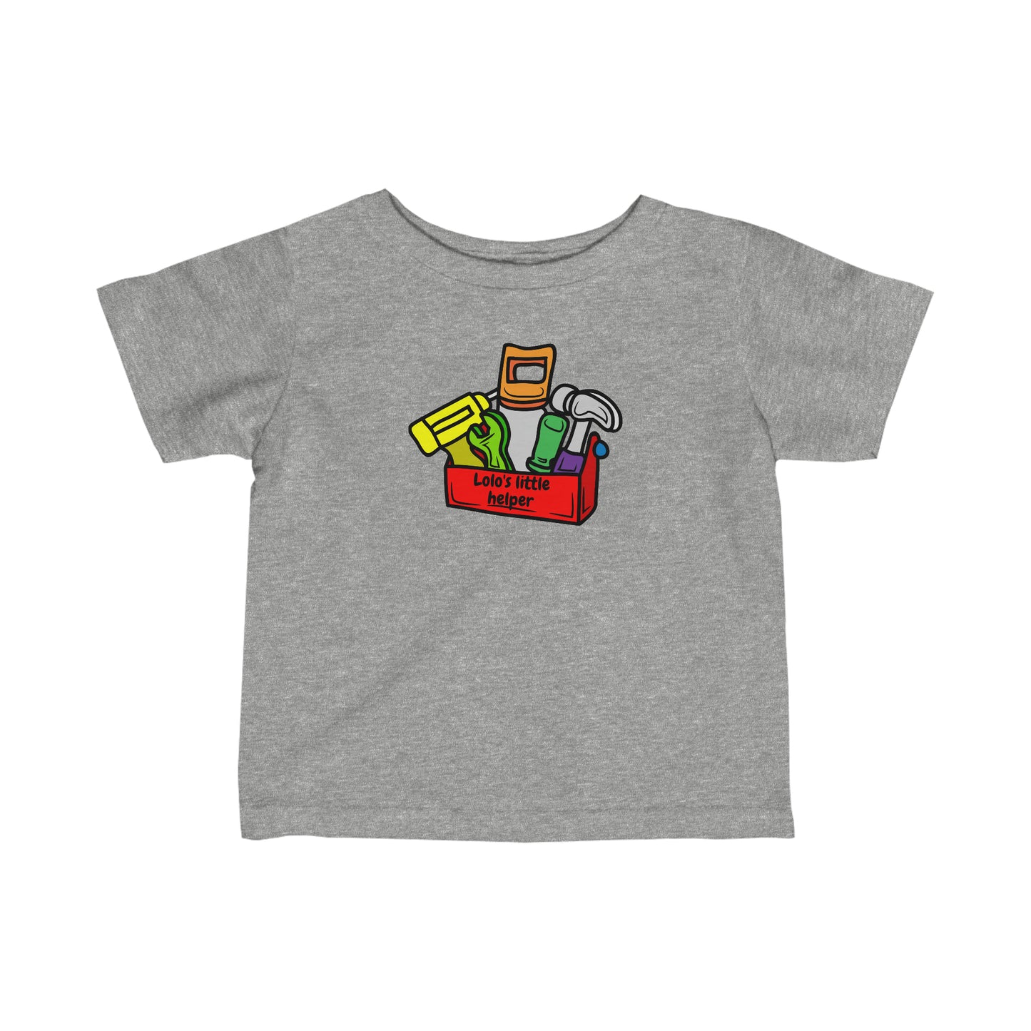 Gray infant t-shirt with various tools in a red toolbox that has the words Lolo's Little Helper in black lettering on the side of the toolbox. Front view