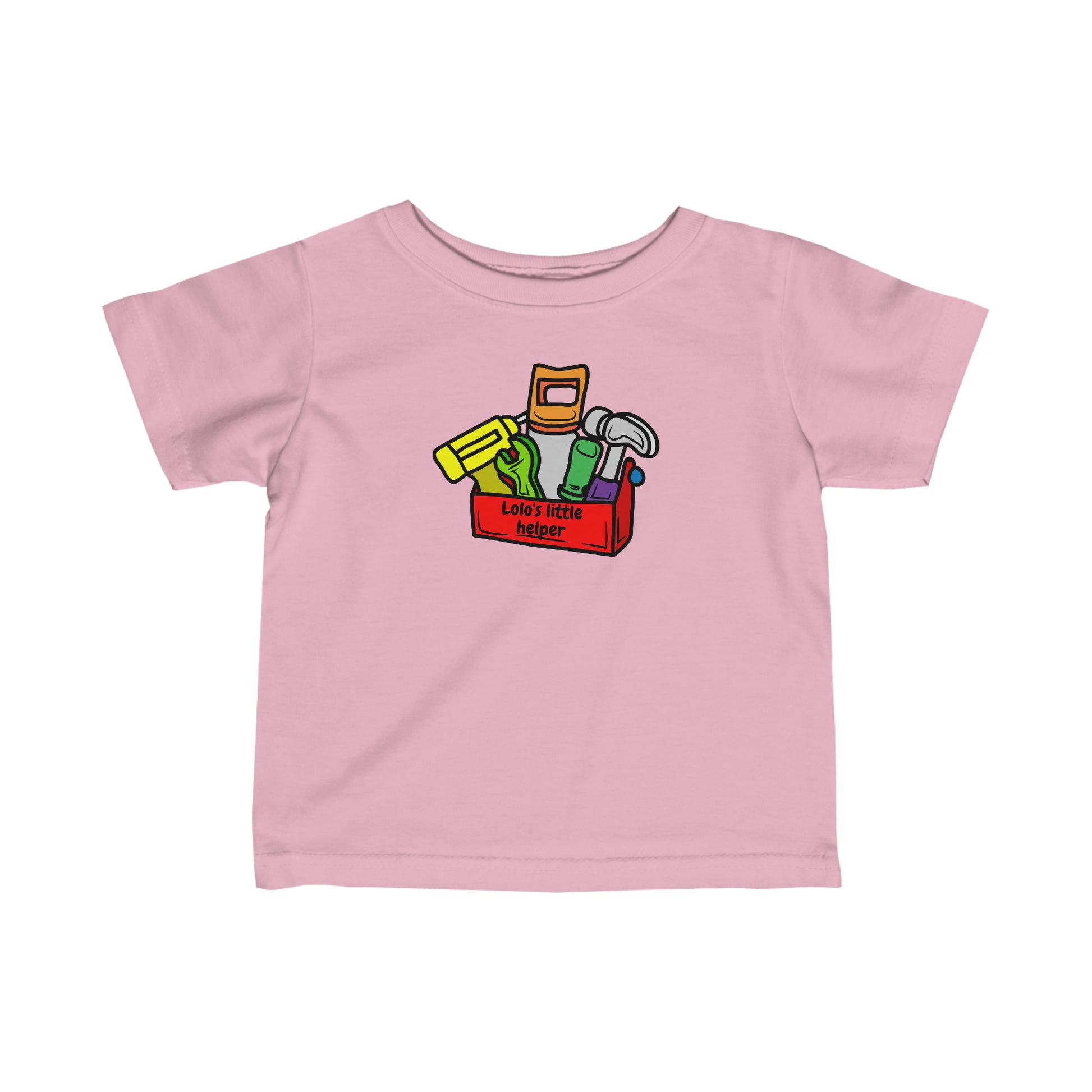 PInk infant t-shirt with various tools in a red toolbox that has the words Lolo's Little Helper in black lettering on the side of the toolbox. Front view