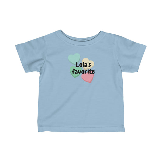 Light blue infant t-shirt with 4 hearts of different colors (light green, darker green, yellow, and pink) with the words Lola's Favorite in the middle over the hearts. Front View