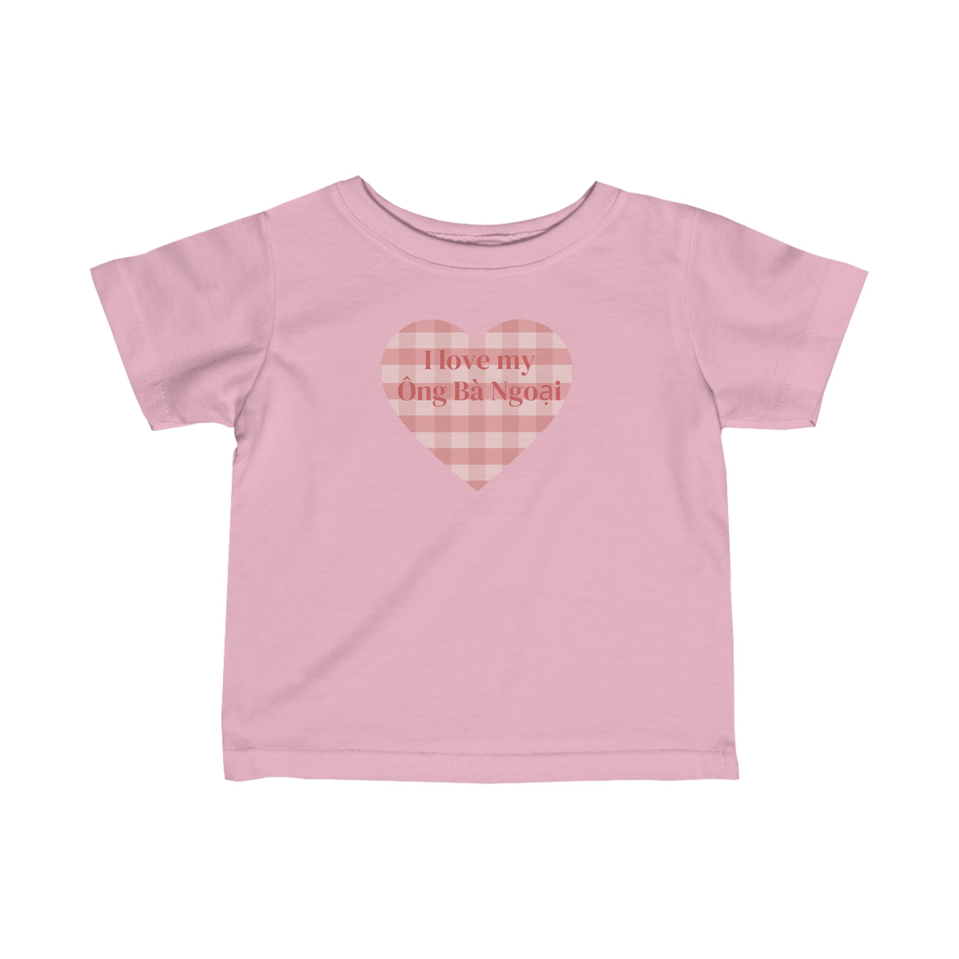 Pink infant t-shirt with pink plaid heat with the words I Love My Ong Ba Ngoai in the heart. Front view.