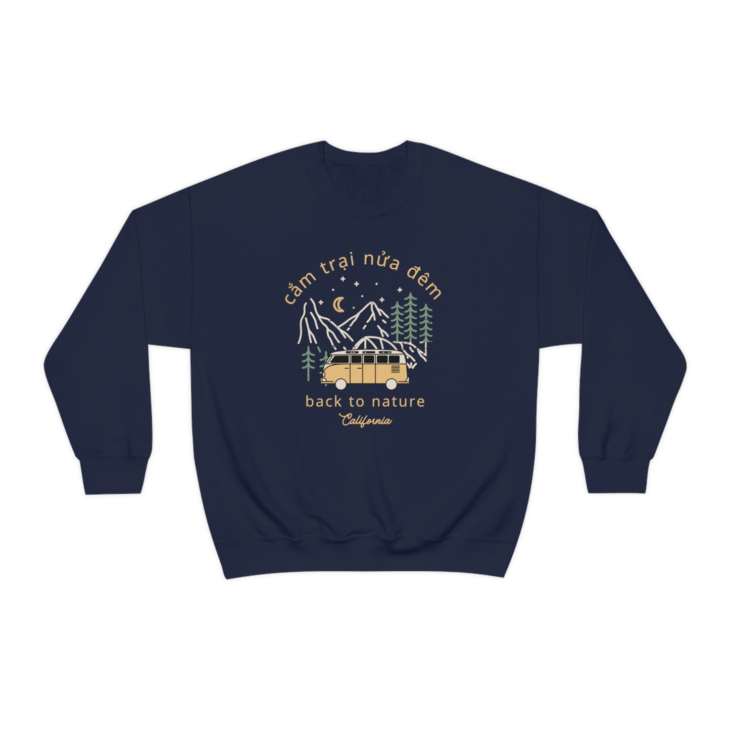 Crewneck sweatshirt with a picture of a camping van in the woods at night. Words on top of design reads Cam Trai Nua Dem. Bottom words read Back to Nature. Below Back to Nature caption reads California. Front view.