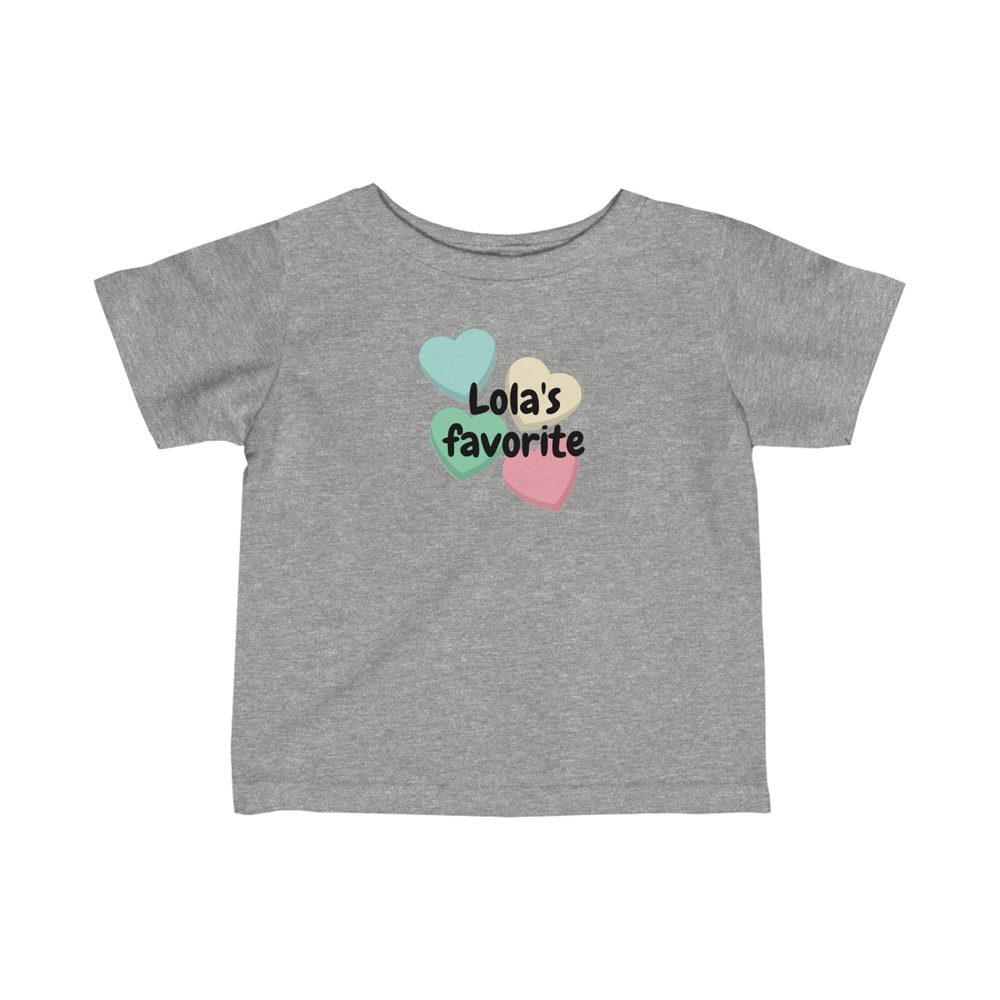 Gray infant t-shirt with 4 hearts of different colors (light green, darker green, yellow, and pink) with the words Lola's Favorite in the middle over the hearts. Front View