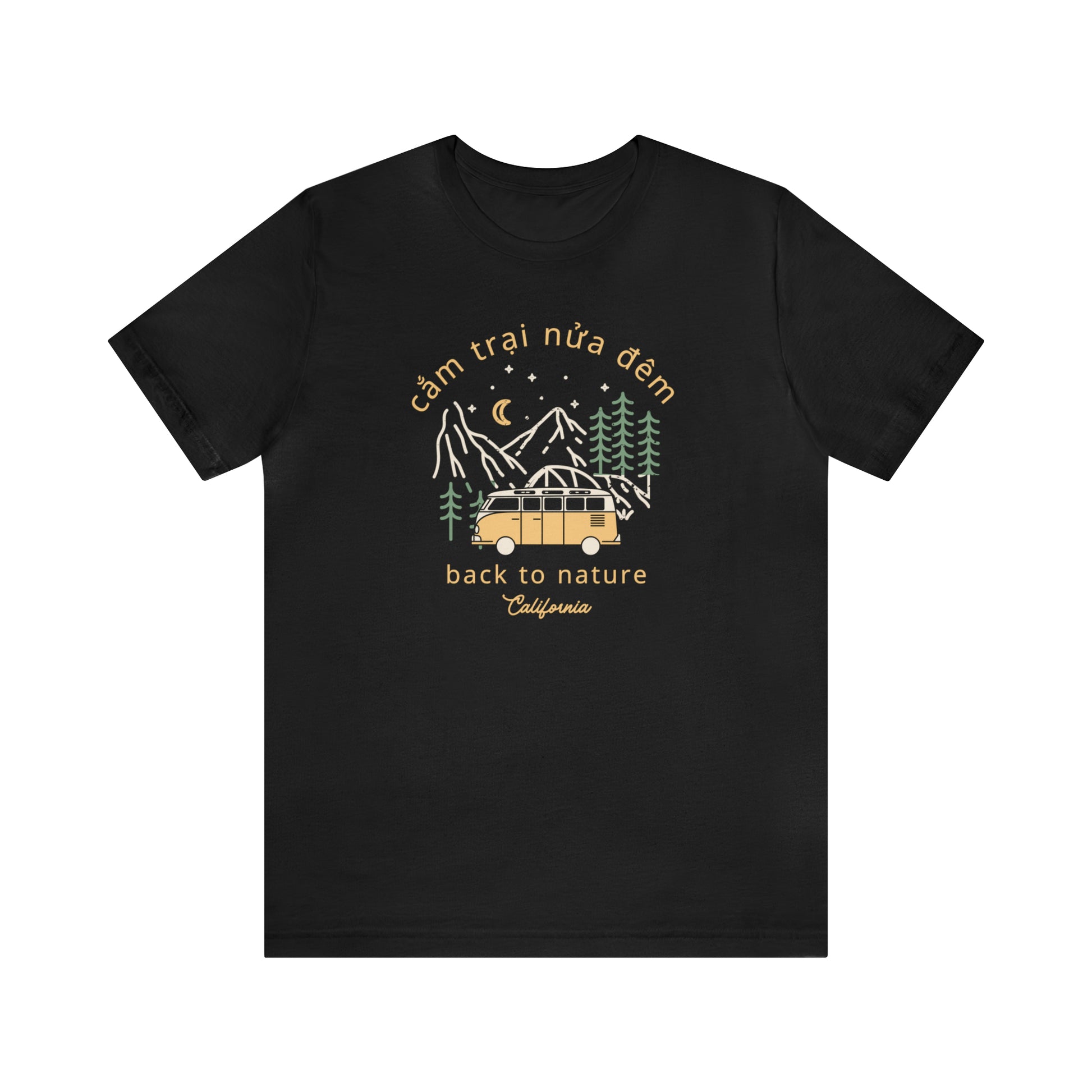 Black t-shirt with a picture of a camping van in the woods at night. Words on top of design reads Cam Trai Nua Dem. Bottom words read Back to Nature. Below Back to Nature caption reads California. Front view.