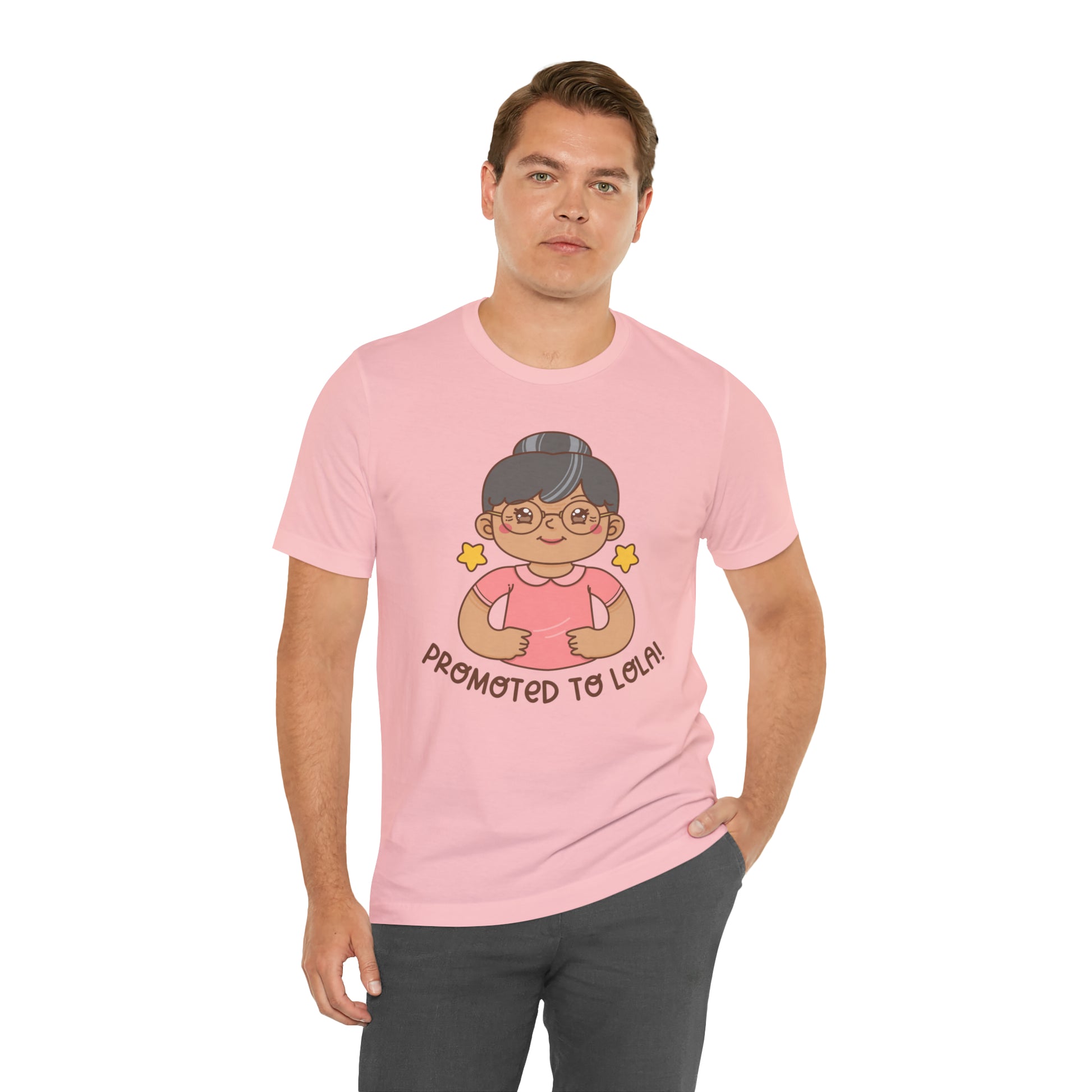 Pink t-shirt with kawaii grandmother wearing glasses and her hair in a bun with the words Promoted to Lola! under the picture.