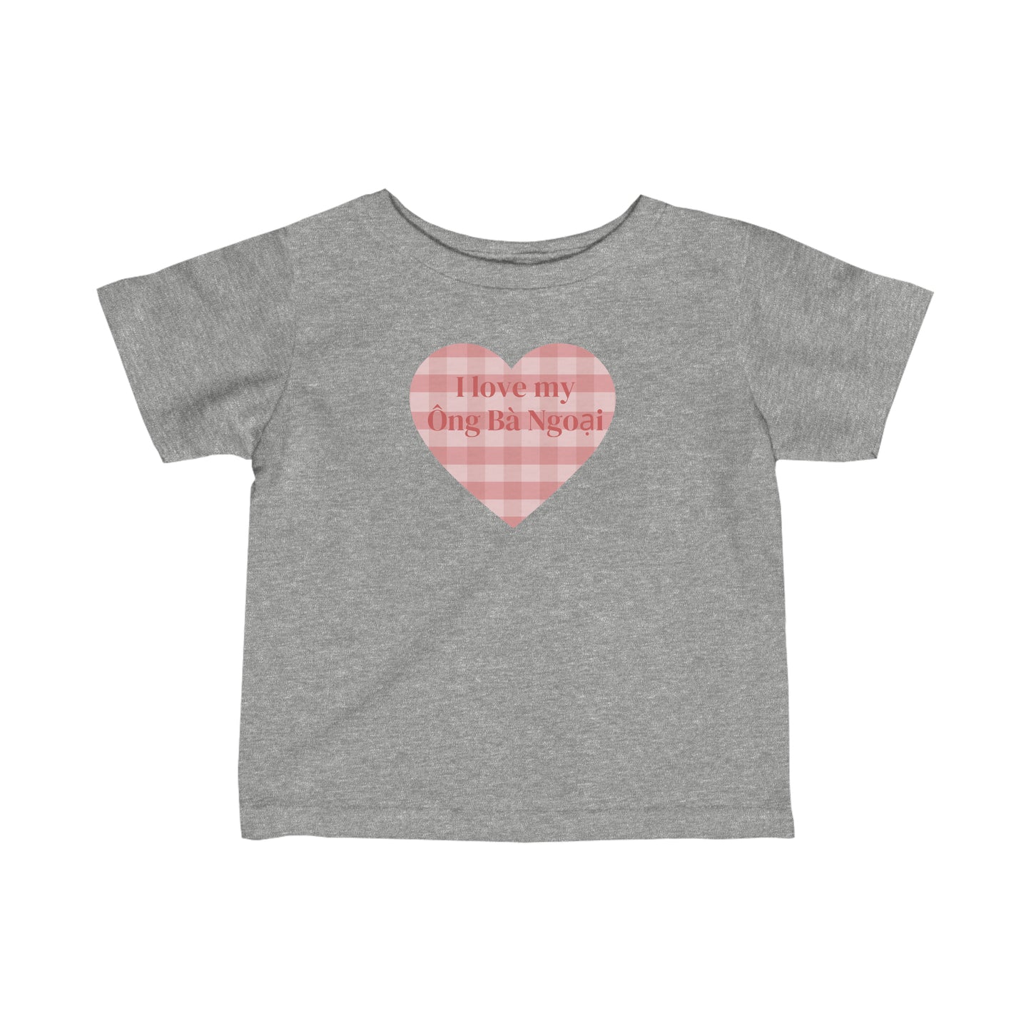 Gray infant t-shirt with pink plaid heat with the words I Love My Ong Ba Ngoai in the heart. Front view.