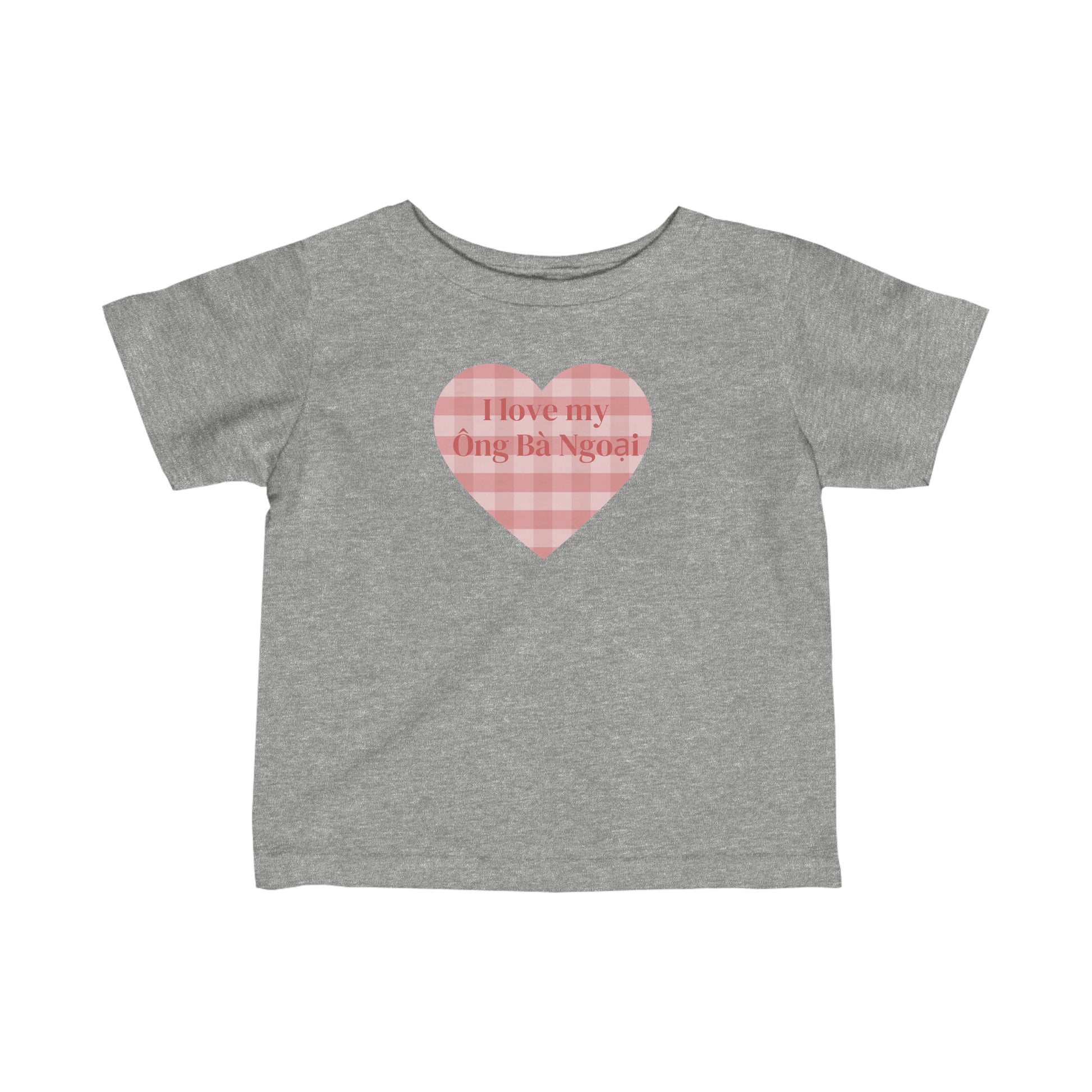 Gray infant t-shirt with pink plaid heat with the words I Love My Ong Ba Ngoai in the heart. Front view.