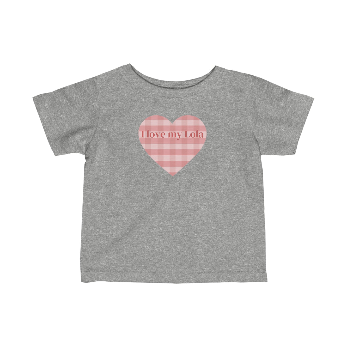 Infant t-shirt with pink plaid heat with the words I Love My Lola in the heart.