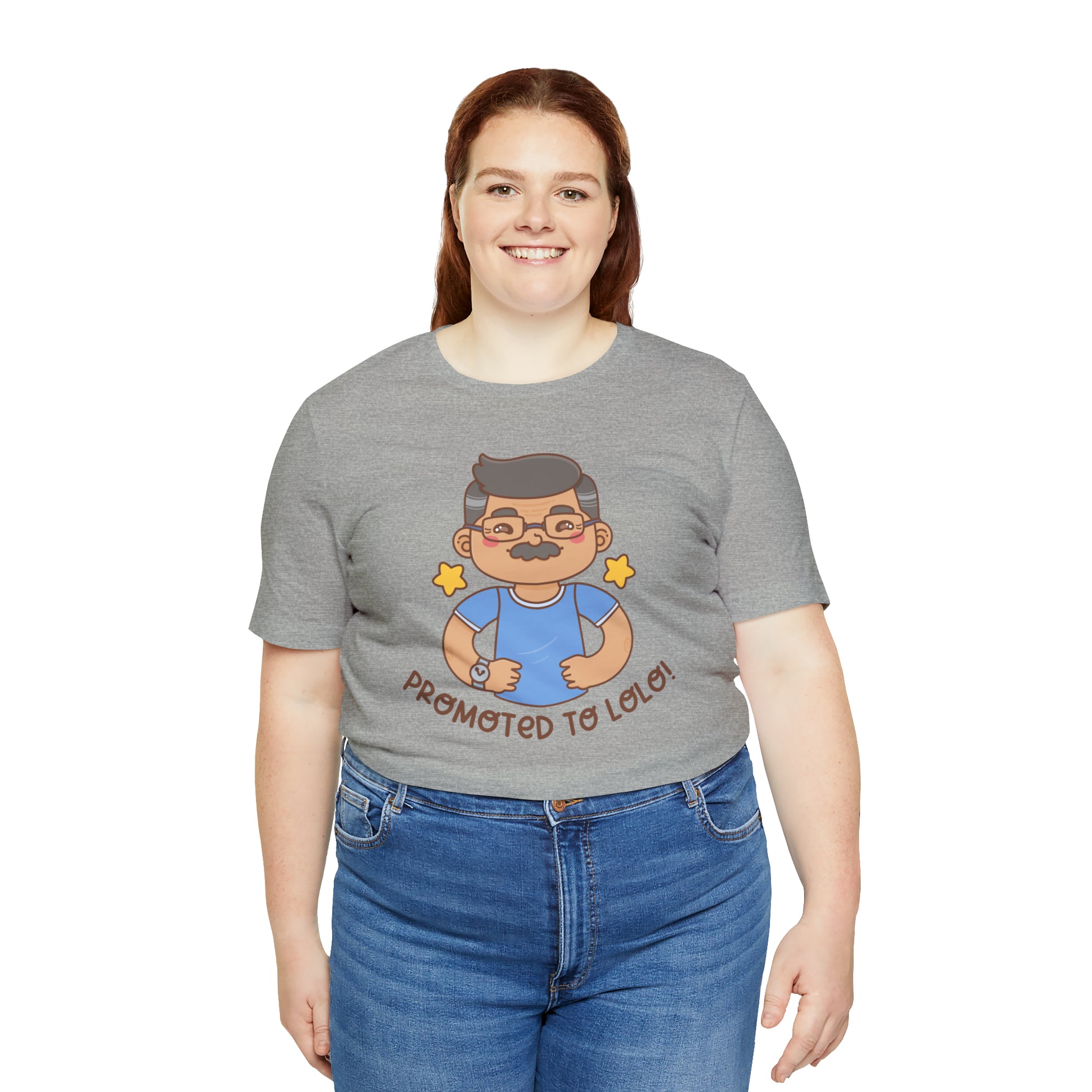 Gray t-shirt with kawaii grandfather-looking man wearing glasses and a blue shirt with the words Promoted to Lolo! under the picture.