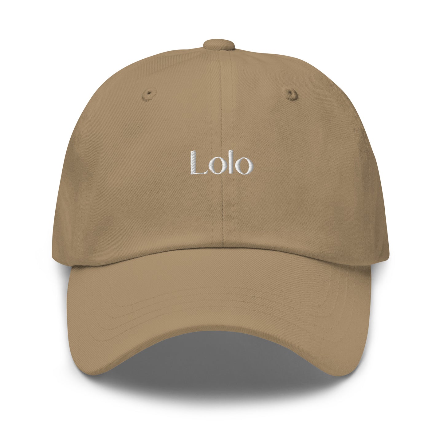 Khaki colored dad hat with the word Lolo in white stitching in the middle of the front of the hat. Front view