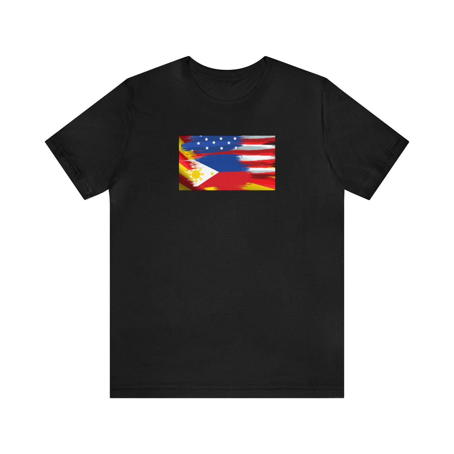 Black shirt. Rectangular design of US/Filipino/Vietnamese flags. Front view.