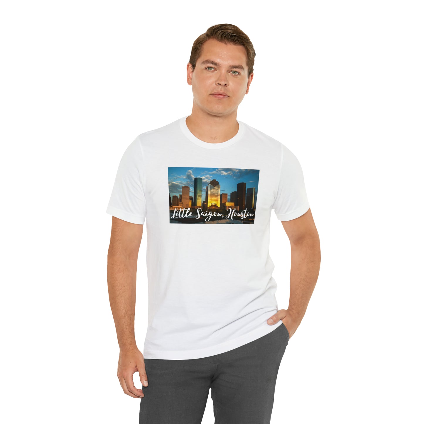 White t-shirt with square picture of city of Houston, TX with the words Little Saigon, Houston in white letters at the bottom of the picture. Front view