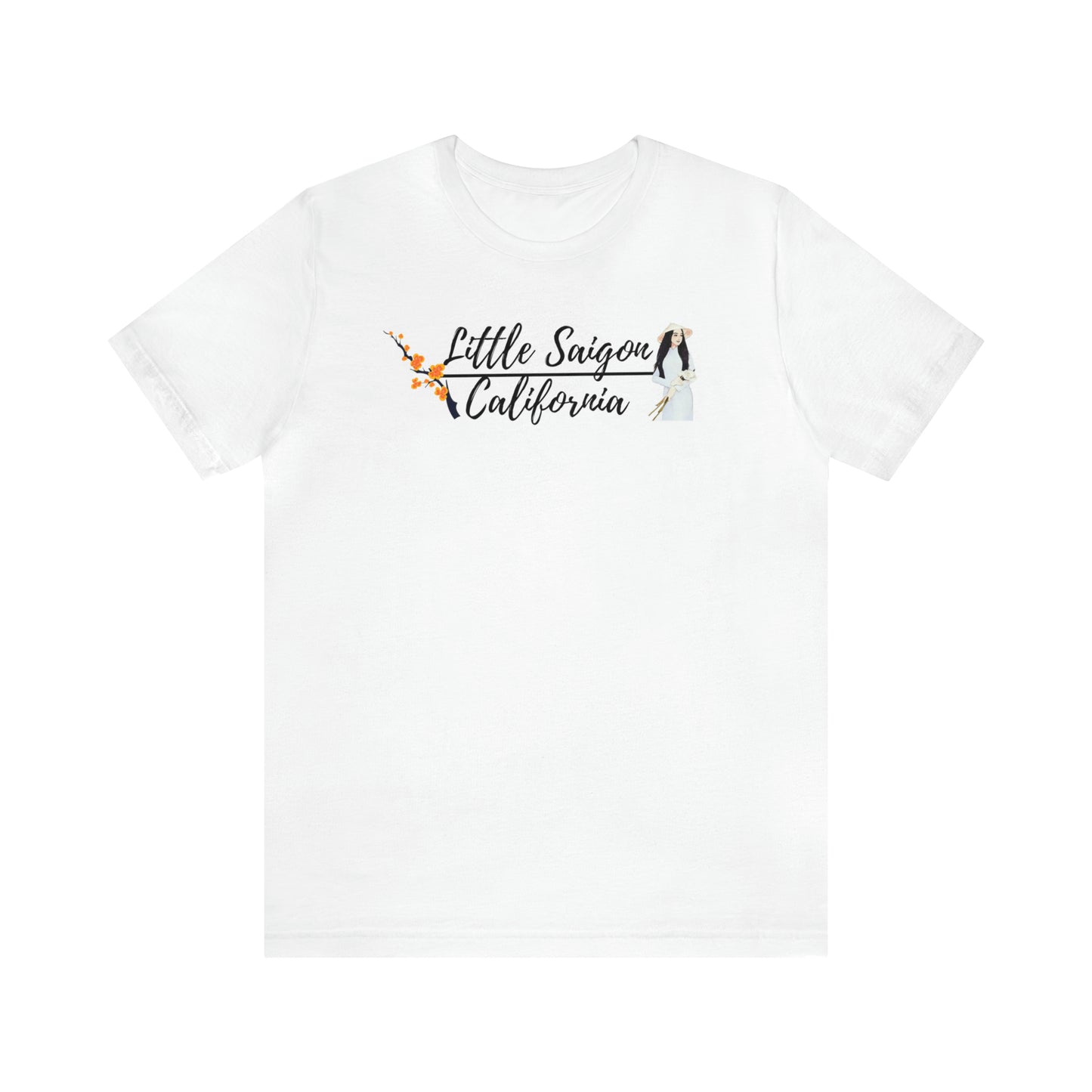 White t-shirt with a branch with orange flowers and a Vietnamese woman in a white ao dai. Words between the pictures read Little Saigon with the word California beneath it. Front view