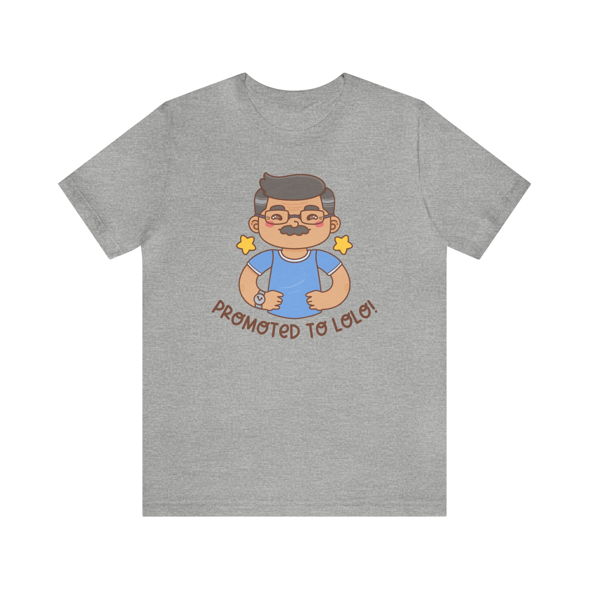 Gray t-shirt with kawaii grandfather-looking man wearing glasses and a blue shirt with the words Promoted to Lolo! under the picture.