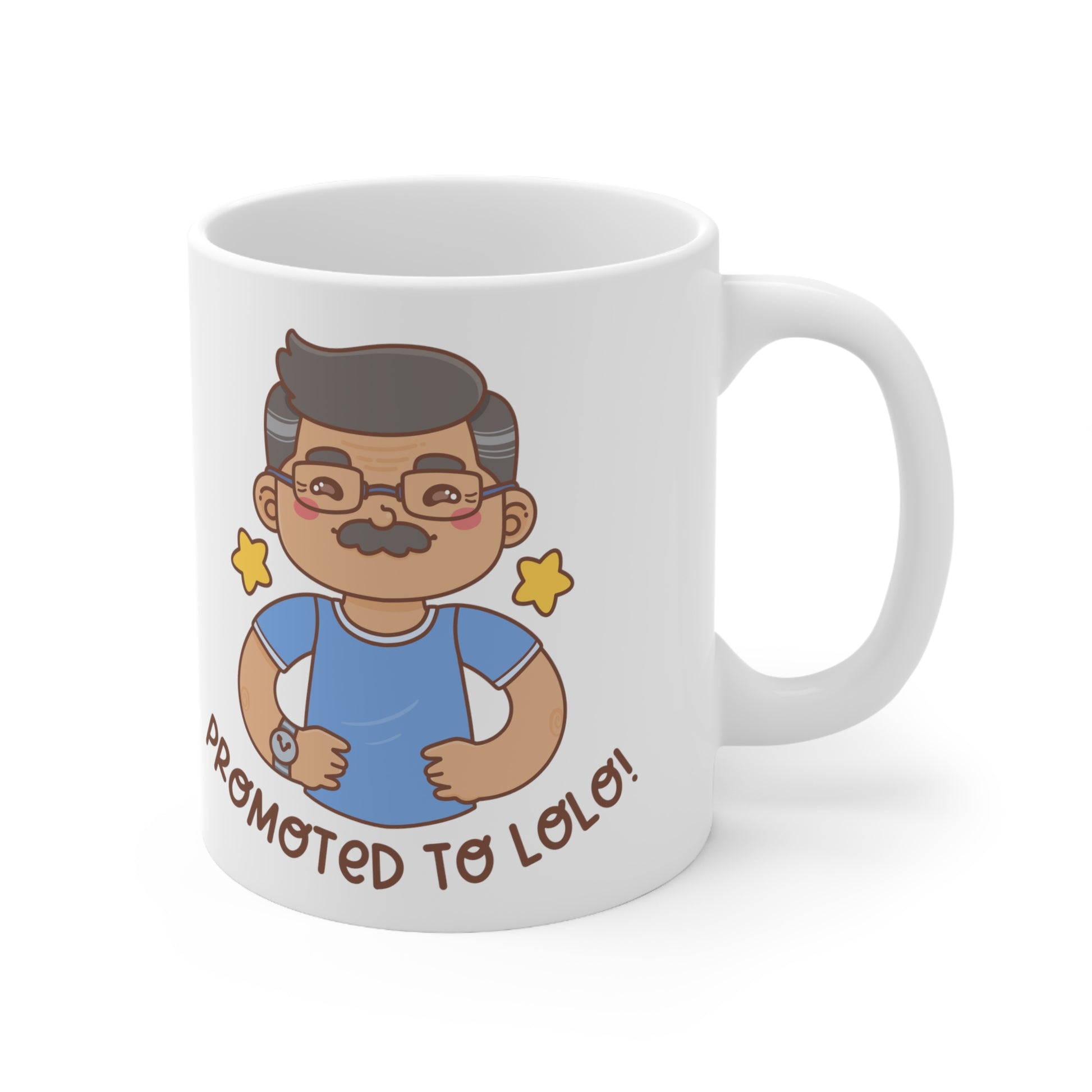 White mug with a kawaii picture of an old man with a mustache wearing glasses. A caption below the picture reads Promoted to Lolo! Front view