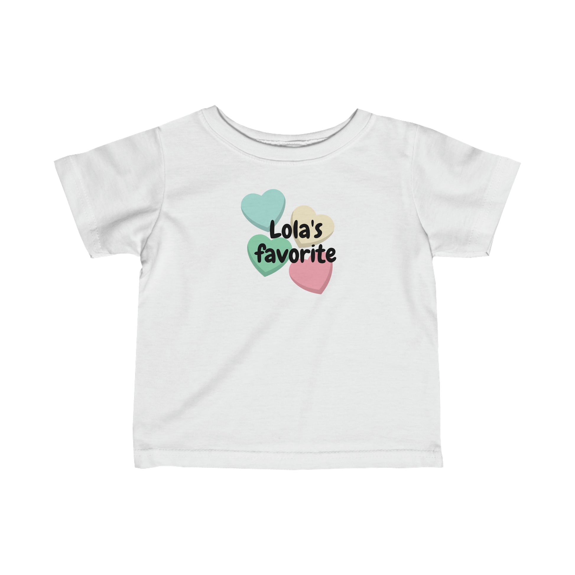 White infant t-shirt with 4 hearts of different colors (light green, darker green, yellow, and pink) with the words Lola's Favorite in the middle over the hearts. Front View